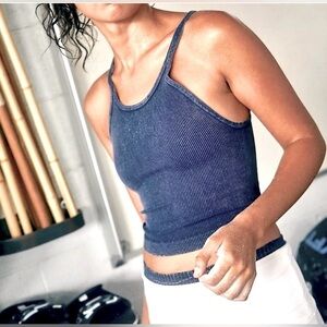 Free People Happiness Runs Ribbed Long Crop Top M/L Vintage Navy/Purple